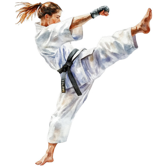 karate, martial arts, sports, action, athletic, woman, female, kick, punching, fighting, white gi, white karate uniform, black belt, cream white, light blue, watercolor, illustration, instructional, training, competitive, dynamic pose, active lifestyle, strength, empowerment, fitness, hobby, traditional martial arts, asian inspired