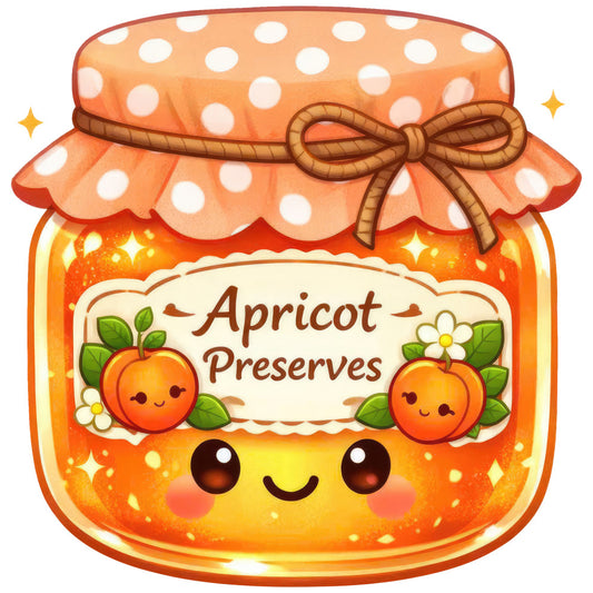 apricot, peach, orange, coral, cream, white, polka dots, cute, whimsical, food, fruit, jam, preserves, jar, anthropomorphic, smiling faces, happy, cheerful, kawaii, vintage, retro, summer, spring, harvest, kitchen, children's, kids, playful, sweet, whimsy