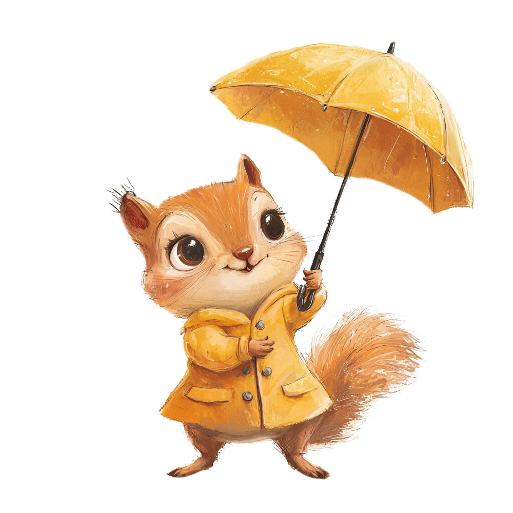 fabric panel, squirrel, adorable animal, yellow raincoat, golden umbrella, orange fur, brown eyes, watercolor style, whimsical illustration, rainy day, autumn colors, children's design, cute character, quilting cotton, craft panel, nursery theme, woodland creature, playful mood, soft pastels