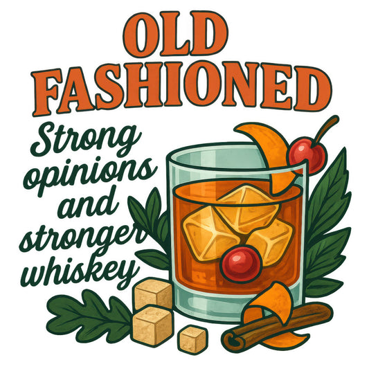 orange, green, amber, whiskey glass, old fashioned cocktail, cherry garnish, orange peel, ice cubes, cinnamon stick, brown sugar cubes, leaves, botanical elements, vintage style, retro illustration, fabric panel, quilting cotton, bar theme, cocktail design, warm colors, detailed artwork