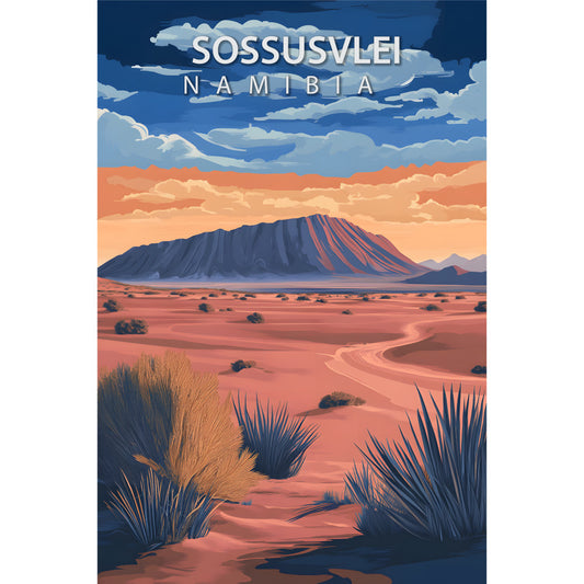 travel poster, fabric panel, sossusvlei, namibia, desert landscape, red sand dunes, blue sky, white clouds, orange terrain, purple mountains, desert plants, vintage poster style, african scenery, arid landscape, geometric art, cotton panel, quilting fabric, nature scene, adventure theme, wanderlust design