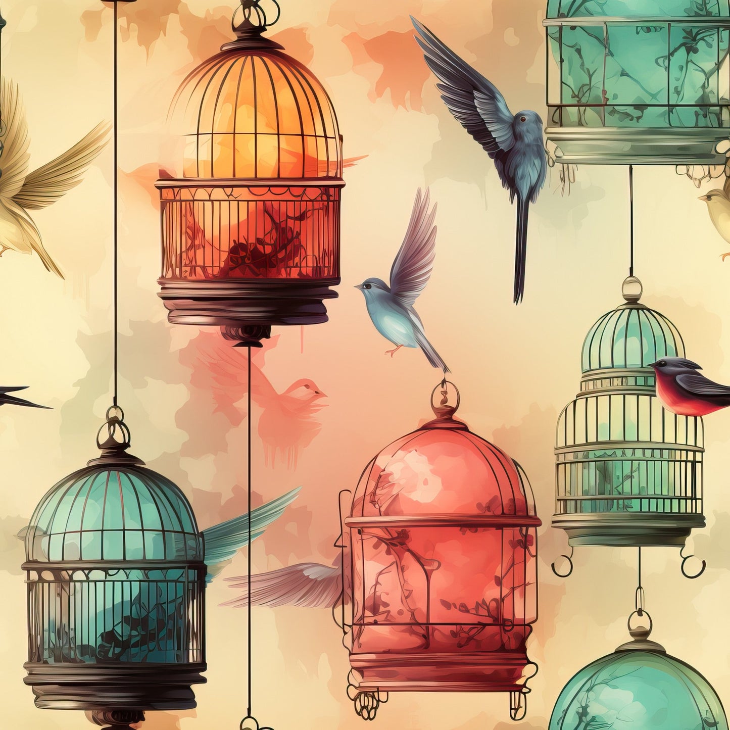 Vintage Birdcages Pattern 3 Quilting Cotton Fabric