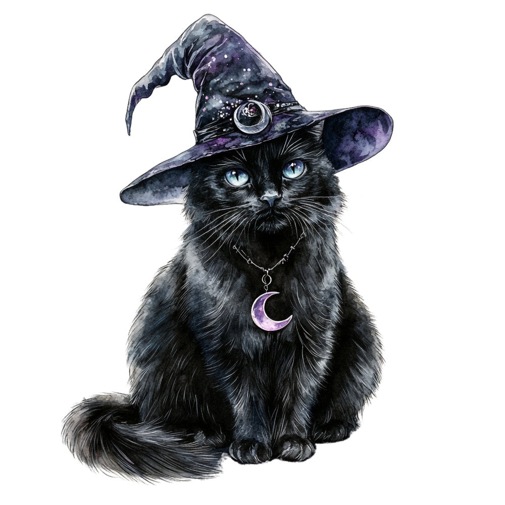 black cat, witch hat, celestial, moon pendant, mystical, magical, stars, cosmic, purple, navy blue, dark blue, indigo, witchy, halloween, spooky, whimsical, fantasy, enchanted, cat lover, animal, feline, blue eyes, crescent moon, occult, gothic, elegant, modern, wall hanging, novelty print
