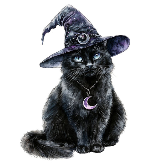 black cat, witch hat, celestial, moon pendant, mystical, magical, stars, cosmic, purple, navy blue, dark blue, indigo, witchy, halloween, spooky, whimsical, fantasy, enchanted, cat lover, animal, feline, blue eyes, crescent moon, occult, gothic, elegant, modern, wall hanging, novelty print