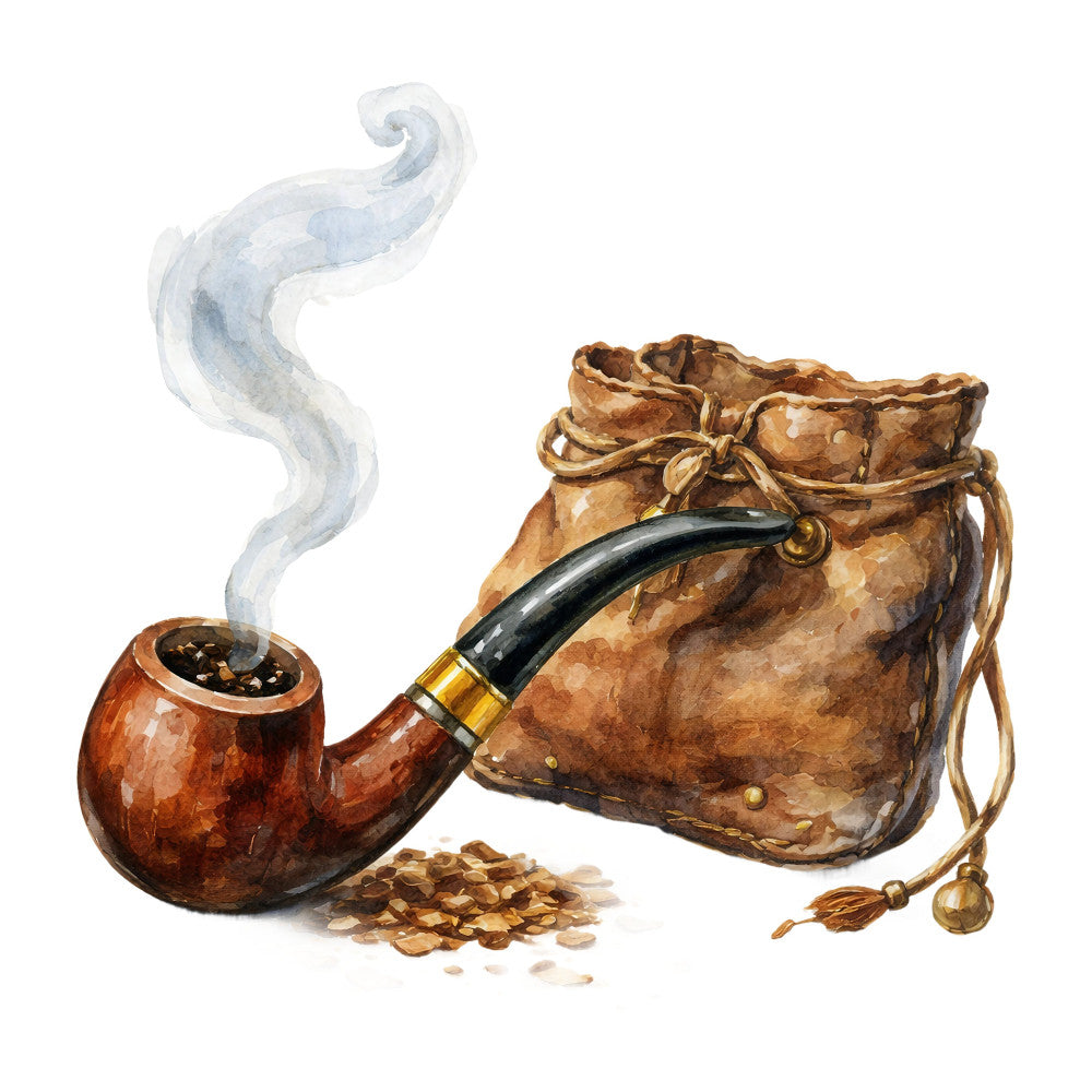 smoking pipe, tobacco pouch, vintage, brown, tan, rust, gold, black, leather, mens accessories, steampunk, adventurer, explorer, travel, antique, rustic, whimsical, gentleman, smoking, pipe and pouch, nostalgic, victorian, traditional, warm tones, masculine, heritage, classic, tobacco themed