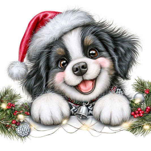 black and white dog, cavalier king charles spaniel, christmas, holiday, santa hat, red hat, festive, cute dog, puppy, animal portrait, winter, seasonal, joy, whimsical, playful, charming, cheerful, evergreen branches, holly berries, red berries, gold bells, ornaments, lights, decorative, children's, family-friendly, loving, friendly expression, greeting card, wall hanging