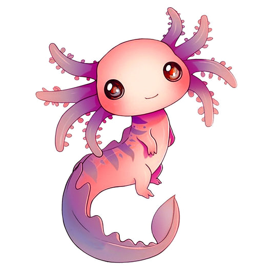 cartoon axolotl, pink gradient, purple gradient, coral colors, cute character, kawaii style, external gills, aquatic animal, whimsical design, fabric panel, quilting cotton, children's fabric, adorable creature, salamander design, soft pastels, anime inspired, nursery fabric, craft panel, sewing project, digital print