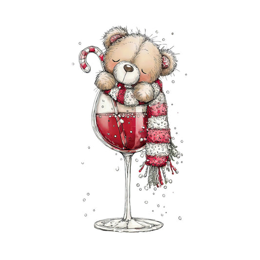 christmas fabric panel, teddy bear, wine glass, candy cane, red striped scarf, beige fur, bubbles, holiday cocktail, whimsical illustration, festive colors, red wine, christmas theme, quilting panel, cotton fabric, adorable bear, seasonal design, holiday crafting, winter scarf, cheerful artwork, fabric art