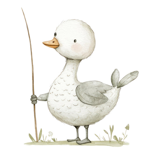 white duck, cream colored, tan, sage green, soft gray, whimsical, farmhouse, children's illustration, cute animals, water bird, fishing pole, nursery, storybook style, vintage illustration, nature themed, spring, summer, baby quilt, wall hanging, animal motif, peaceful, gentle, folk art, cottage core, pastoral, illustrated duck, pond life, outdoor scene, charming details