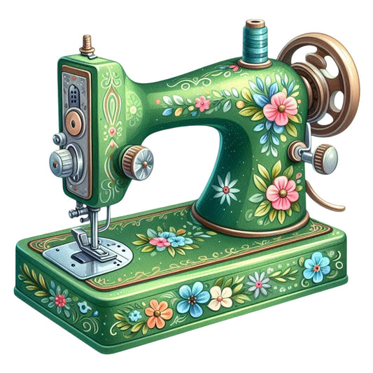 forest green, vintage sewing machine, floral, pink flowers, blue flowers, yellow flowers, white flowers, whimsical, retro, nostalgic, ornamental, decorative, spring, summer, nature, botanical, folk art, painted flowers, craft theme, dainty florals, cottage core, traditional, embellished, colorful blooms, sewing themed, antique aesthetic, craft room decor, vibrant green, ornate details