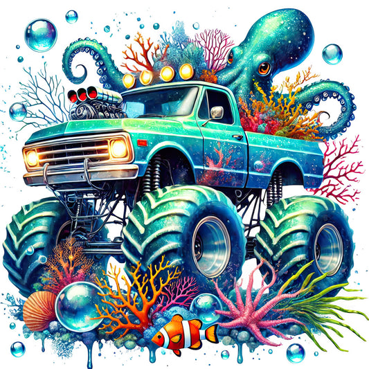 turquoise, teal, ocean blue, coral, orange, yellow, purple, magenta, pink, green, iridescent, colorful, octopus, sea creatures, clownfish, coral reef, marine life, underwater, nautical, whimsical, fantastical, bubbles, monster truck, vehicle, nature, tropical, seashell, starfish, celestial, glowing