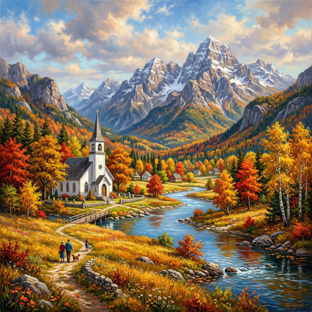 autumn landscape, mountain scenery, fall foliage, white church, gold, orange, red, yellow, forest green, sky blue, cream, snow-capped peaks, river stream, rustic, traditional, scenic, nature, pastoral, countryside, small town, cabin, evergreen trees, religious, architectural, landscape, cozy, nostalgic, peaceful, harvest season, alpine valley