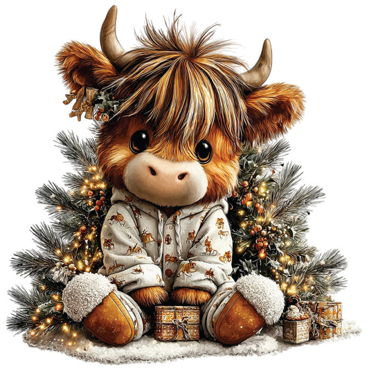 christmas highland cow, fabric panel, quilting cotton, brown fur, orange coat, winter pajamas, pine wreath, fairy lights, gift boxes, festive scene, cute animal, holiday theme, warm browns, golden lights, cozy winter, children's fabric, decorative panel, christmas morning, furry texture, seasonal crafting