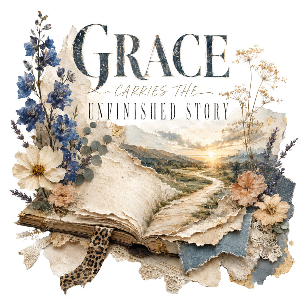 grace, unfinished story, book, literary, vintage, flowers, floral, daisies, blue flowers, dried flowers, lavender, botanical, nature, landscape, scenic, valley, rolling hills, sunset, warm tones, cream, ivory, navy blue, dusty blue, gold, tan, beige, elegant, romantic, whimsical, rustic