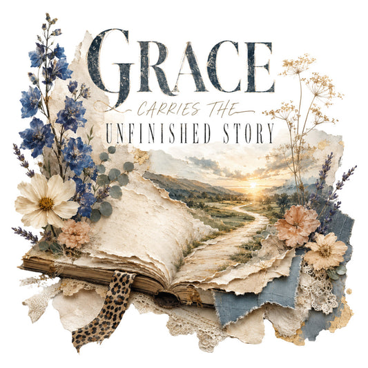 grace, unfinished story, book, literary, vintage, flowers, floral, daisies, blue flowers, dried flowers, lavender, botanical, nature, landscape, scenic, valley, rolling hills, sunset, warm tones, cream, ivory, navy blue, dusty blue, gold, tan, beige, elegant, romantic, whimsical, rustic