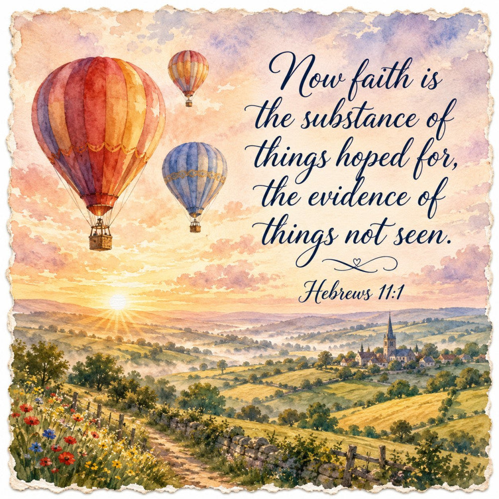 hot air balloons, inspirational quote, hebrews 11:1, faith, landscape, scenic view, countryside, rolling hills, sunset, sunrise, golden hour, wildflowers, church steeple, pastoral, rustic, vintage style, spiritual, religious, motivational, watercolor, soft colors, warm tones, peachy pink, dusty purple, sage green, cream, beige, celestial, dreamy, ethereal