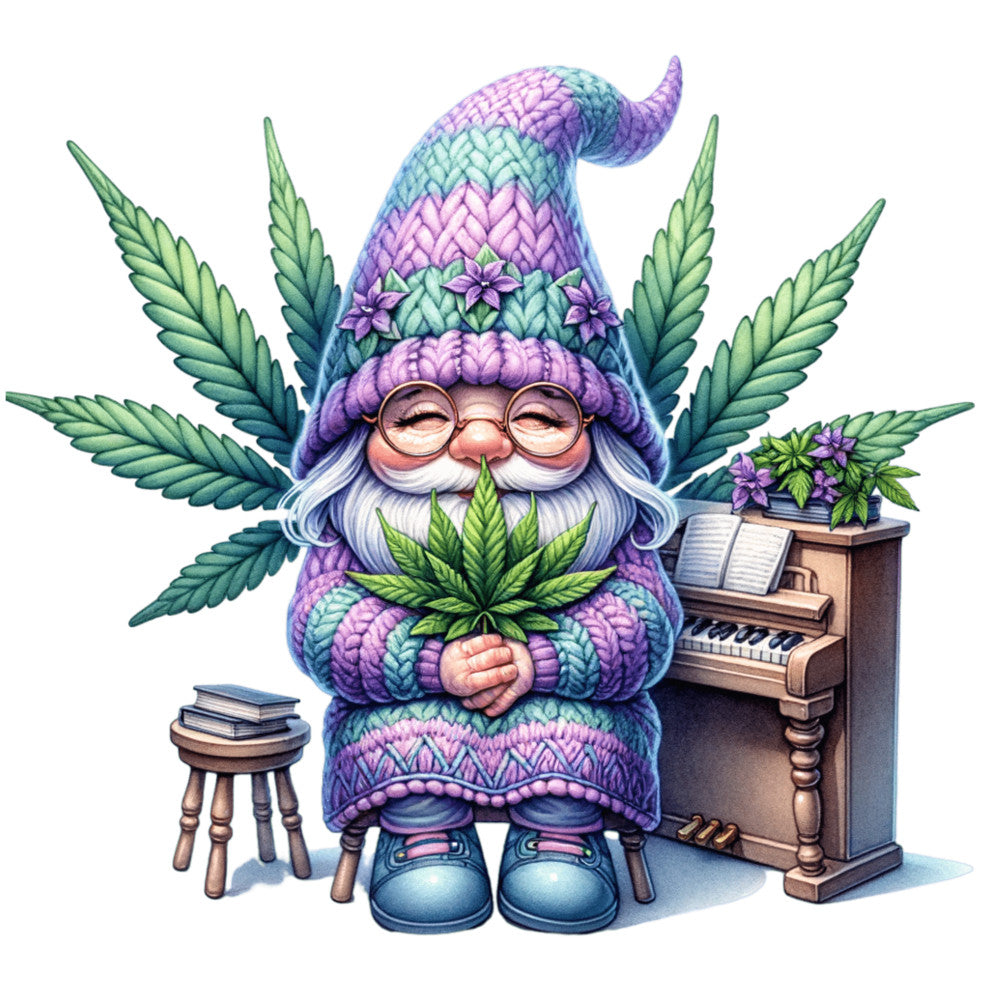 fabric panel, garden gnome, cannabis leaves, marijuana plant, purple hat, teal colors, lavender hues, white beard, round glasses, piano, music theme, whimsical character, fantasy gnome, quilting cotton, craft panel, botanical design, green foliage, pastel rainbow, knitted sweater, peaceful expression