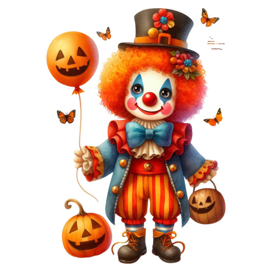 halloween, clown, pumpkin, jack-o-lantern, orange, red, blue, autumn, fall, whimsical, festive, holiday, butterflies, flowers, top hat, cheerful, playful, children, kids, decorative panel, wall hanging, seasonal, vibrant, colorful, folk art, vintage carnival, novelty, cute, character design
