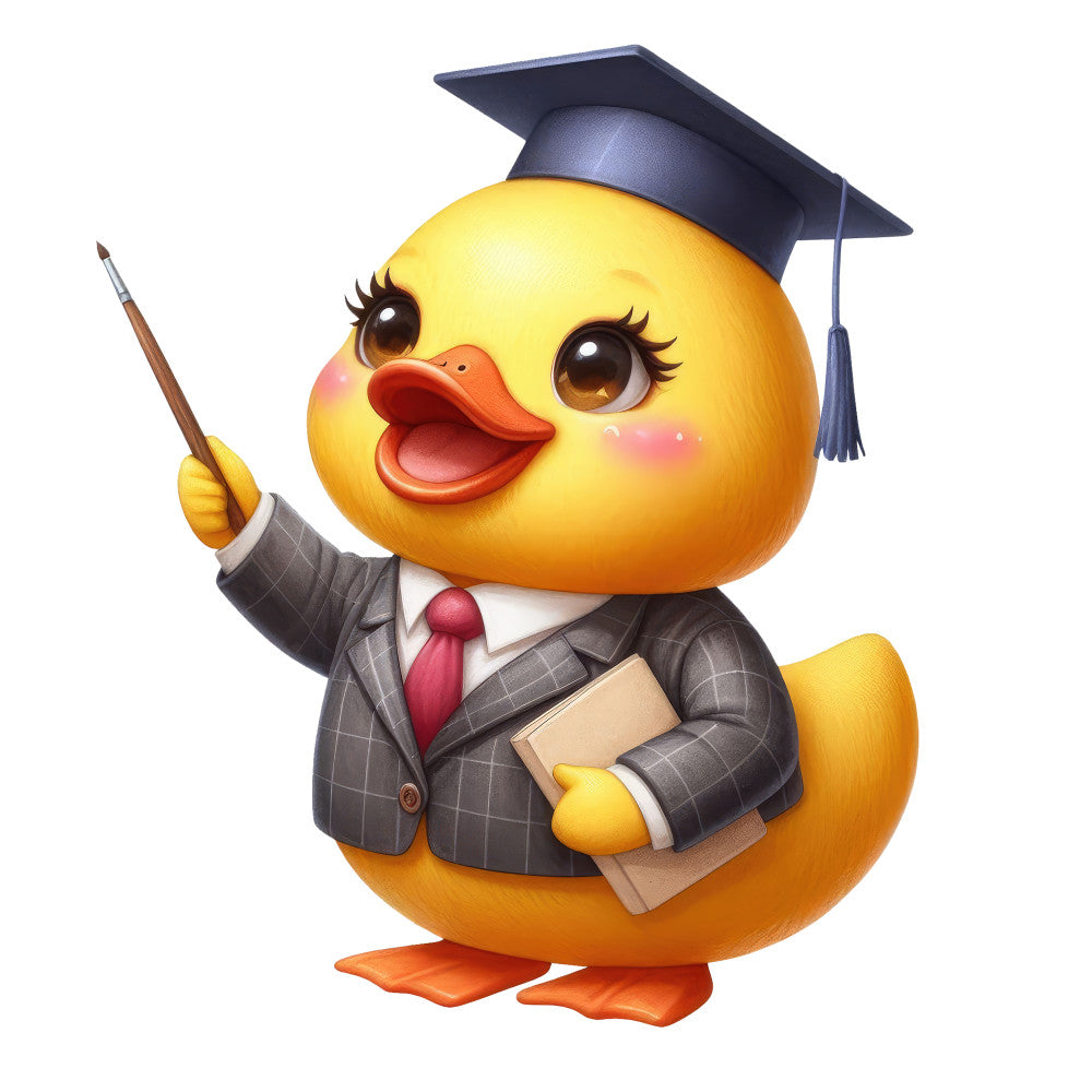 yellow, orange, navy blue, charcoal gray, red, coral, cute animals, ducks, birds, whimsical, playful, graduation, school, education, teacher, academic, children, kids, cartoon, animated, funny, graduation cap, mortarboard, business attire, formal wear, spring, back to school, nursery, baby, cheerful