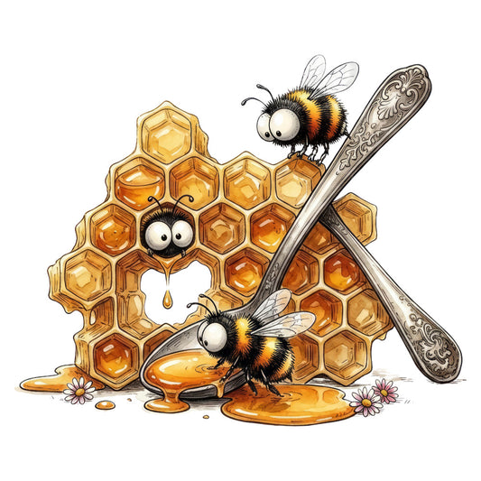 honey gold, golden yellow, amber, cream, white, black, floral, nature, bees, honeycomb, whimsical, vintage, farmhouse, spring, summer, insects, animals, botanical, decorative spoon, honey drip, cute, playful, children, baby, folk art, cottage core, garden, flowers, daisy, illustration