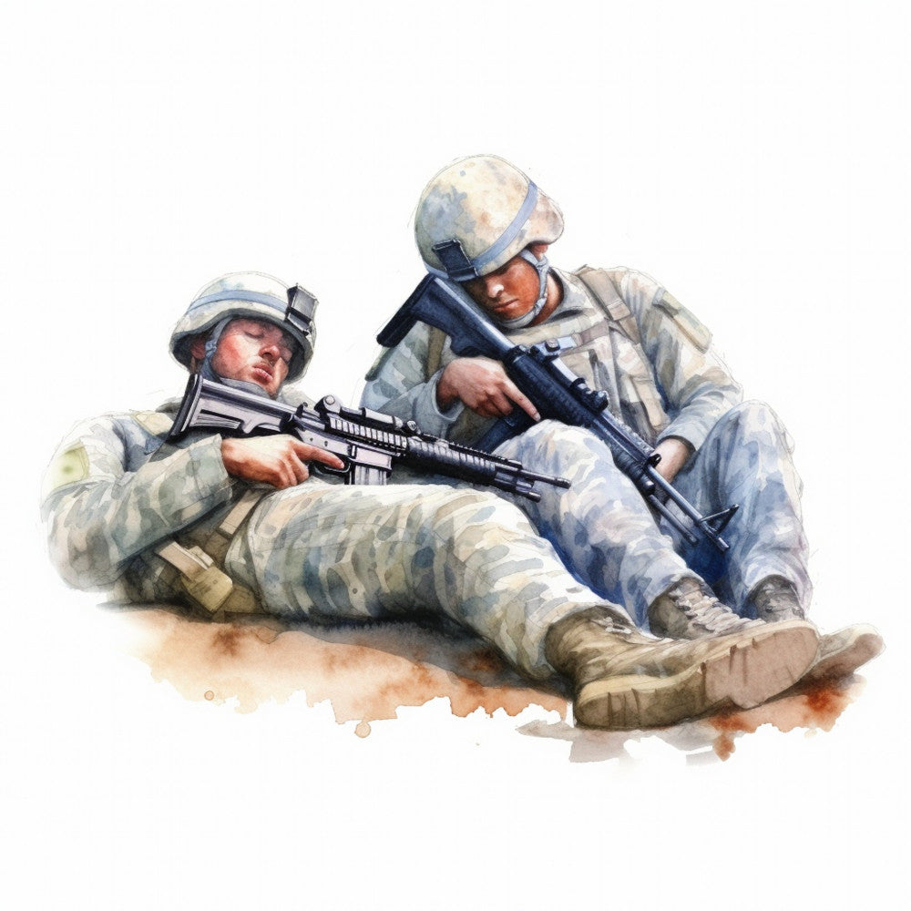 military, soldiers, camouflage, tan, khaki, beige, cream, gray, blue-gray, desert camo, tactical, action, patriotic, armed forces, men, masculine, realistic, illustration, portrait, watercolor, abstract wash, modern, contemporary, veteran, service, duty, wall hanging, home decor, decorative panel