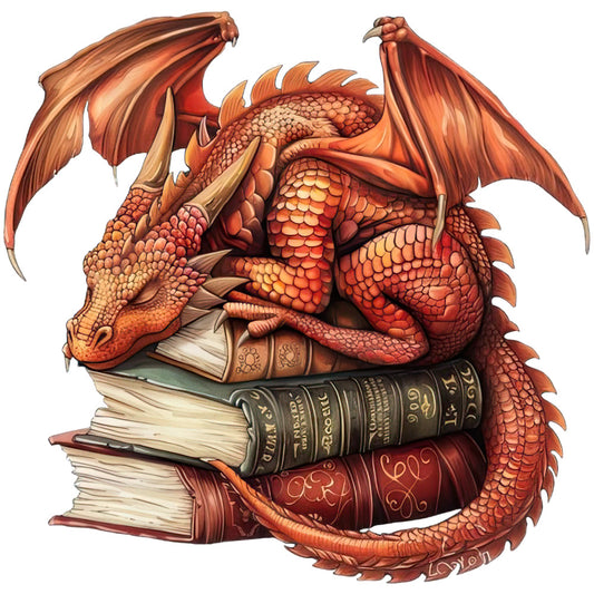 Dragon Sleeping on Books Fabric Panel 4 featuring a detailed red dragon curled up and resting on vintage hardcover books, premium quilting cotton print.