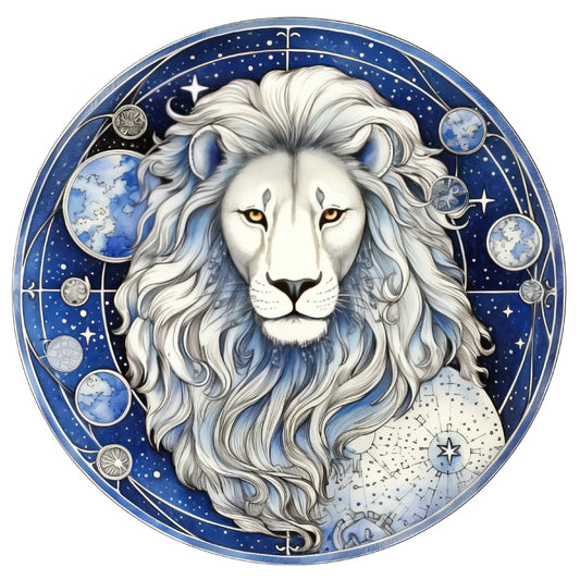 navy blue, white, gold, celestial, zodiac, lion, leo, astrology, stars, moons, planets, constellation, elegant, mystical, magical, whimsical, night sky, starry, cosmic, dreamy, fantasy, ethereal, spiritual, bohemian, wall hanging, home decor, horoscope, majestic, glowing eyes, ornate