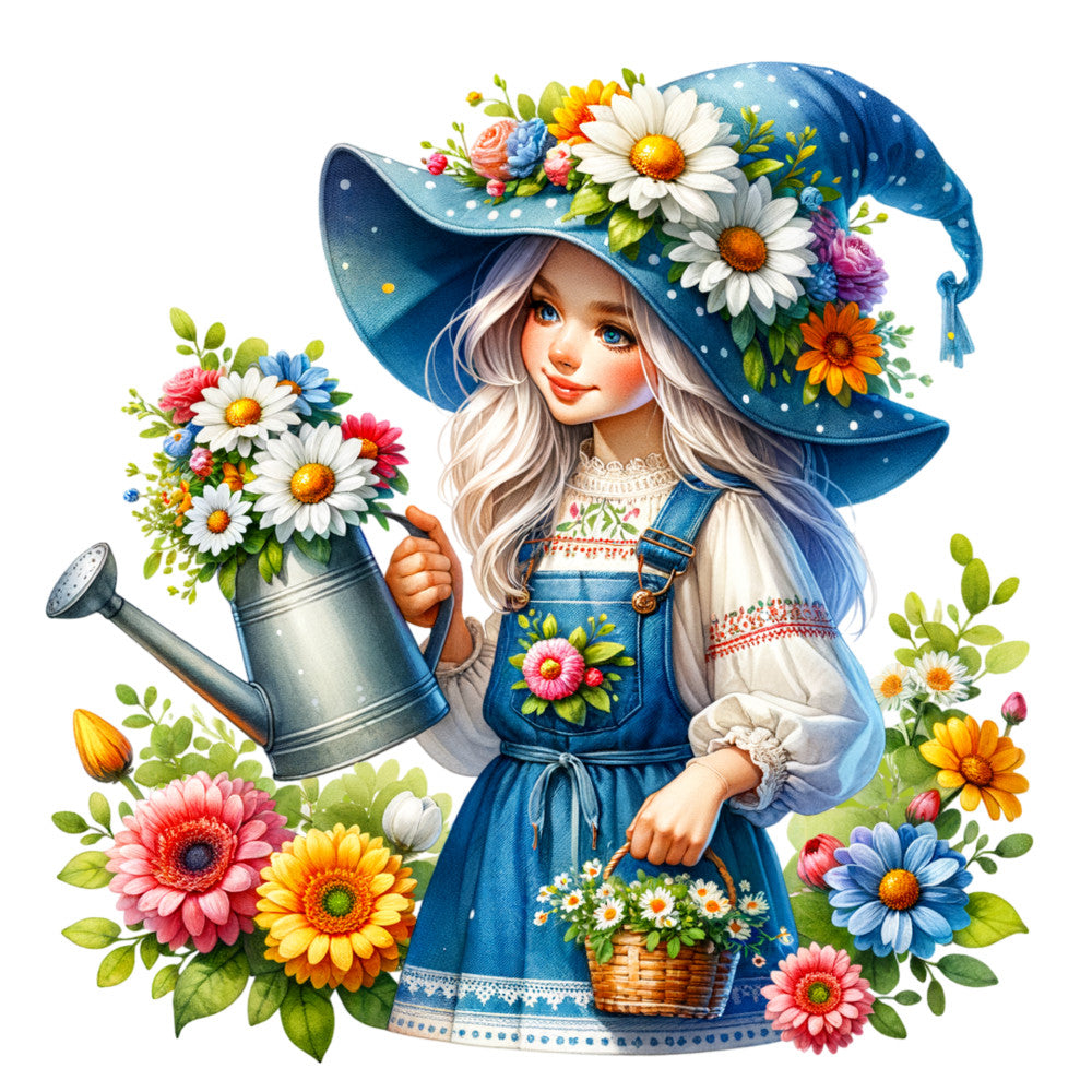 spring garden, floral fantasy, young girl, blue sun hat, watering can, daisies, gerbera daisies, blonde hair, blue overalls, white blouse, embroidered details, flower crown, wicker basket, cottage core, whimsical illustration, fabric panel, quilting cotton, bright florals, garden theme, pastel blues, coral pink, sunny yellow, botanical design, children's fabric
