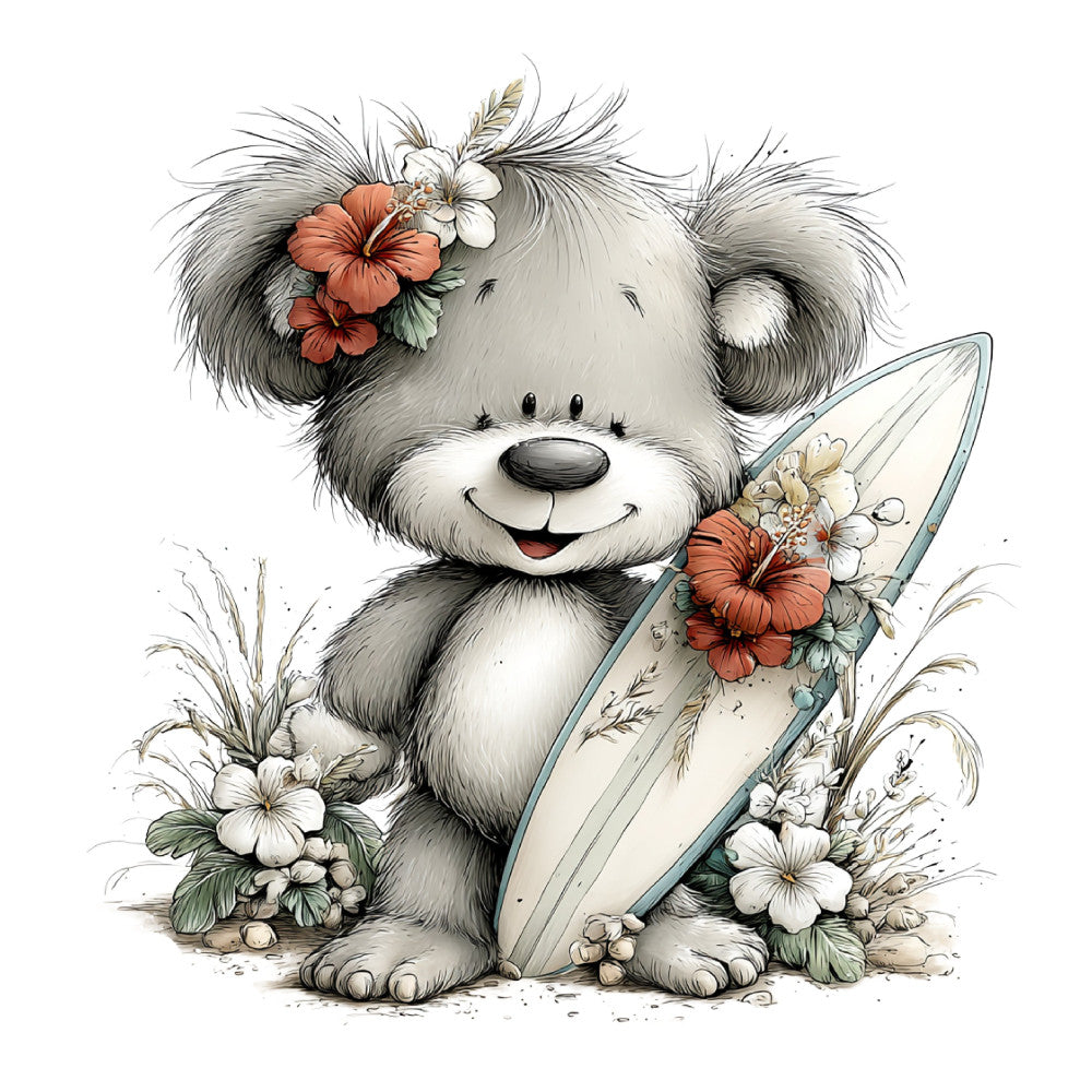 teddy bear, whimsical, cute animals, flowers, coral pink, cream, gray, white, floral, nature, children, baby, sweet, playful, botanical, rustic charm, vintage style, illustration, decorative, spring, summer, nursery, adorable, storybook, gentle, soft colors, daisy, hibiscus, pampas grass, nature-inspired