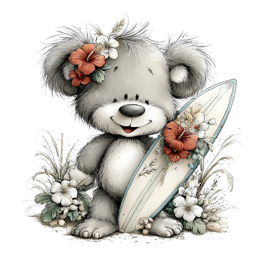 teddy bear, whimsical, cute animals, flowers, coral pink, cream, gray, white, floral, nature, children, baby, sweet, playful, botanical, rustic charm, vintage style, illustration, decorative, spring, summer, nursery, adorable, storybook, gentle, soft colors, daisy, hibiscus, pampas grass, nature-inspired