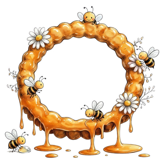 honey gold, golden yellow, warm orange, cream white, honeycomb, floral, bees, daisies, nature, whimsical, playful, children, baby, spring, summer, sweet, honey drip, bee theme, botanical, insects, cute animals, woodland, farmhouse, country, pastoral, decorative frame, border design, nursery, baby quilt, wall hanging