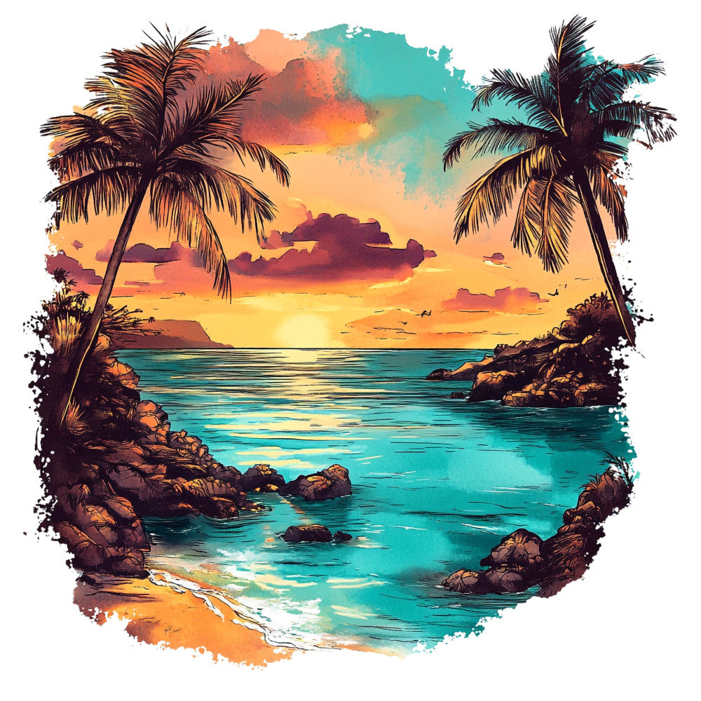 tropical sunset, palm trees, beach scene, turquoise water, orange sky, golden yellow, coral orange, teal blue, sunset gradient, watercolor effect, ocean waves, sandy beach, rocky coastline, nautical theme, coastal living, island vibes, summer vacation, beach house decor, nature landscape, seascape, tropical paradise, warm sunset tones, painted style, artistic watercolor, bohemian style, relaxation theme, travel inspired, vacation vibes, wall hanging art