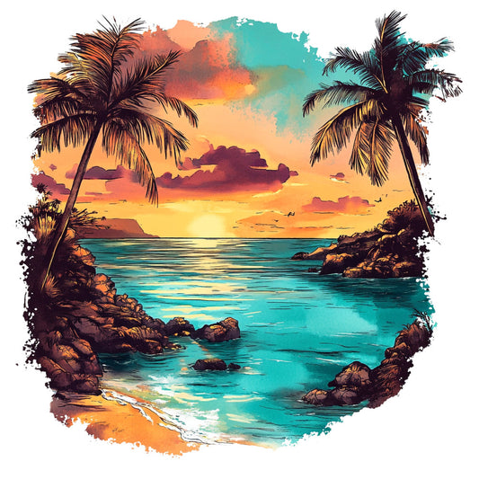 tropical sunset, palm trees, beach scene, turquoise water, orange sky, golden yellow, coral orange, teal blue, sunset gradient, watercolor effect, ocean waves, sandy beach, rocky coastline, nautical theme, coastal living, island vibes, summer vacation, beach house decor, nature landscape, seascape, tropical paradise, warm sunset tones, painted style, artistic watercolor, bohemian style, relaxation theme, travel inspired, vacation vibes, wall hanging art