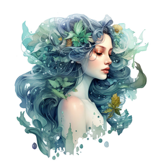 mermaid, ocean fantasy, flowing hair, sea green, teal blue, navy blue, aqua, watercolor style, botanical leaves, water splashes, ethereal beauty, fantasy art, ocean waves, bubble effects, profile portrait, dreamy illustration, fabric panel, quilting cotton, mythical creature, underwater theme