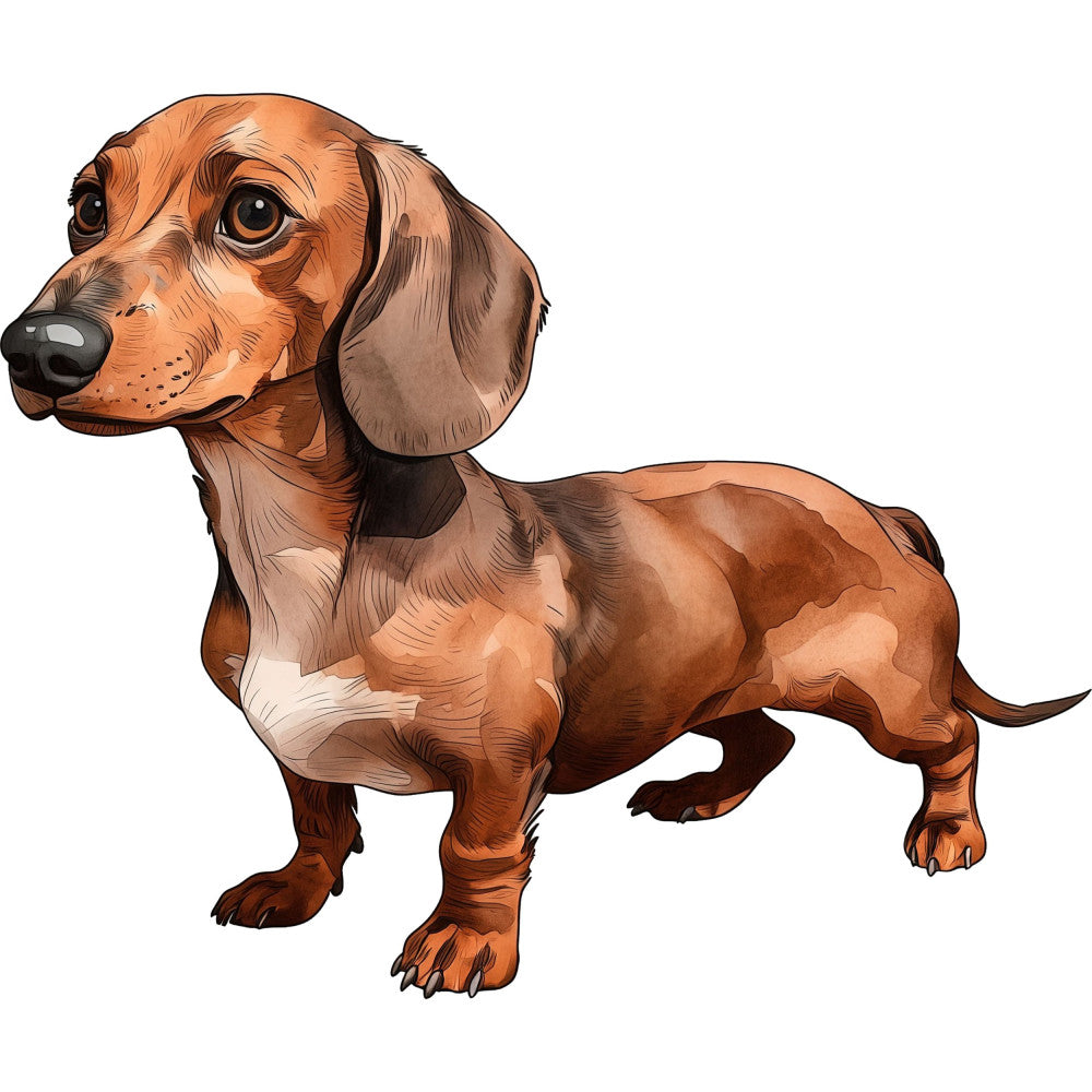 dachshund, dog, wiener dog, brown, tan, rust, chocolate brown, cream, animal, pet, cute, whimsical, playful, puppy, dog lover, canine, portrait, character, children's, kids, nursery, baby, home decor, dog breed, realistic, detailed illustration
