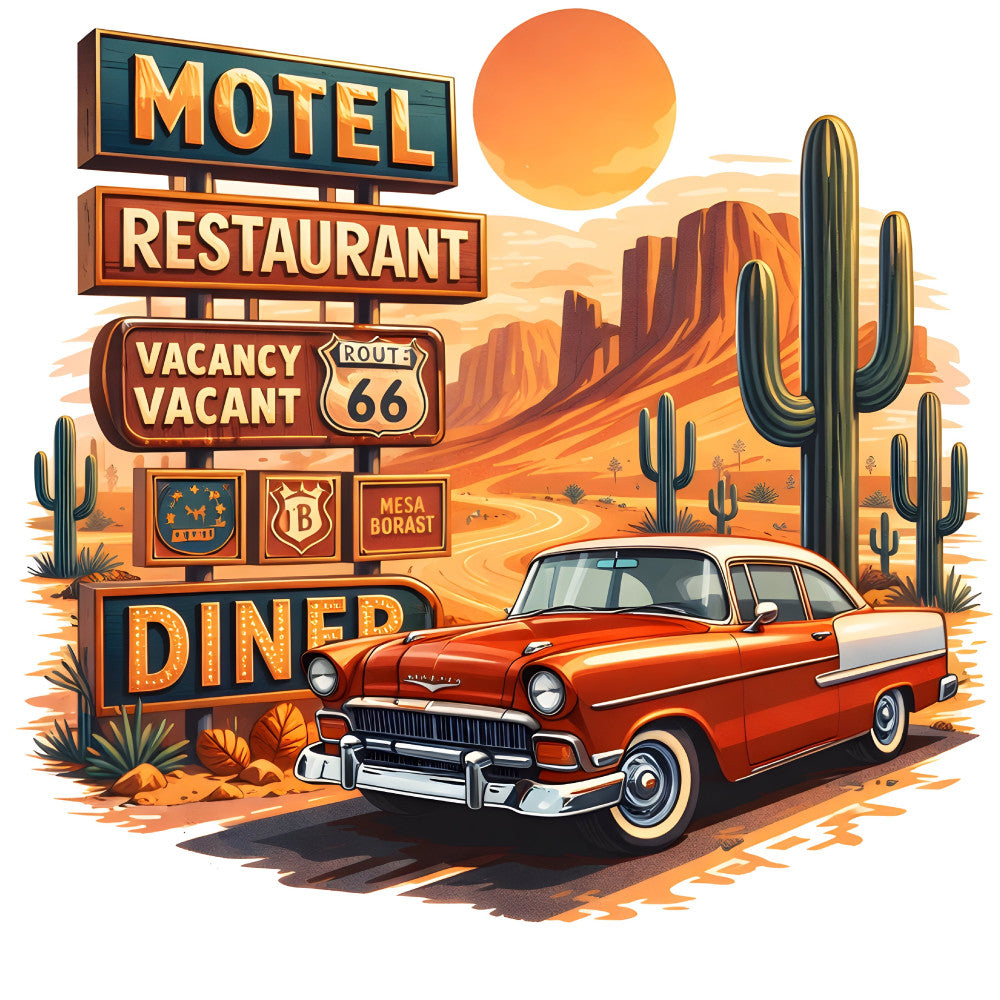 route 66, vintage car, retro, 1950s, desert landscape, motel, diner, americana, classic car, nostalgic, mid-century, southwestern, cactus, hot rod, red car, cream and orange, burnt orange, turquoise, desert, americana style, roadside attraction, travel, kitschy, whimsical, rustic, nostalgic americana, vintage signage, desert scene, sun, architectural