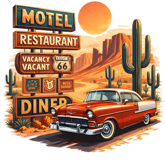 route 66, vintage car, retro, 1950s, desert landscape, motel, diner, americana, classic car, nostalgic, mid-century, southwestern, cactus, hot rod, red car, cream and orange, burnt orange, turquoise, desert, americana style, roadside attraction, travel, kitschy, whimsical, rustic, nostalgic americana, vintage signage, desert scene, sun, architectural