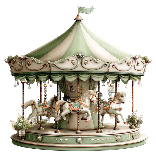 carousel, merry-go-round, horses, mint green, sage green, cream, ivory, vintage, whimsical, nostalgic, retro, amusement park, fairground, ornate, decorative, brass accents, pearls, elegant, classic, children's, nursery, storybook, Victorian, pastel, soft colors, ornamental, traditional, romantic, springtime