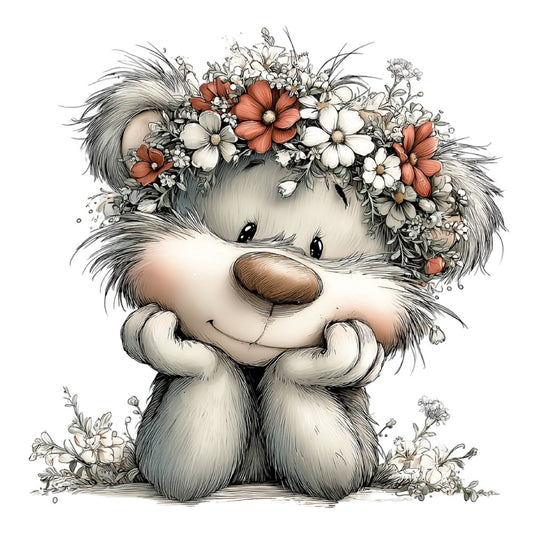 cute animals, fluffy bunny, adorable character, floral crown, wildflowers, white rabbit, coral flowers, cream colored, soft pastels, whimsical, children's, baby quilt, nursery, spring flowers, nature themed, gentle, sweet, innocent, playful animals, daisy flowers, botanical, rustic charm, cottage core, illustrative style, decorative panel, wall hanging, soft colors, cheerful, friendly, animal lover