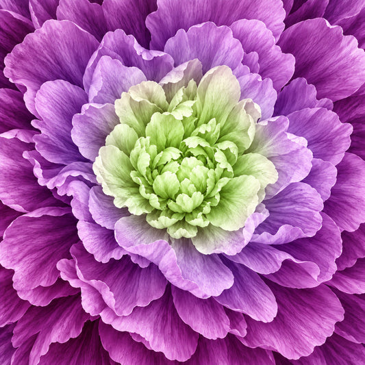 magenta, purple, lavender, lime green, chartreuse, white, cream, fuchsia, floral, dahlia, peony, flower, botanical, nature, spring, summer, elegant, romantic, garden, vibrant, multi-colored, layered petals, close-up, detailed, delicate, bright, colorful, artistic, decorative, wall hanging