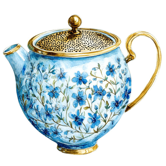 sky blue, periwinkle blue, cornflower blue, light blue, gold, brass, floral, forget-me-nots, delicate flowers, botanical, vintage, elegant, traditional, nature, spring, garden, blue flowers, greenery, botanical print, teapot, tea time, cottage, classic, romantic, feminine, decorative, spring florals, blue and white, heritage