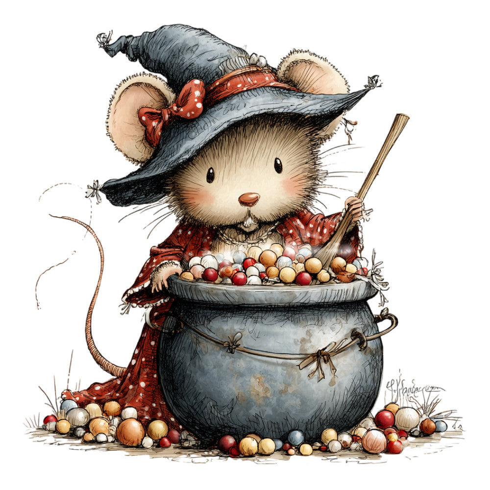 mouse, whimsical, autumn, fall, harvest, woodland, animal, cute, children's, baby, vintage, rustic, charming, storybook, red, cream, gray, black, polka dots, cauldron, witch hat, magical, fantasy, seasons, nature, decorative, illustration, nostalgia, character, festive