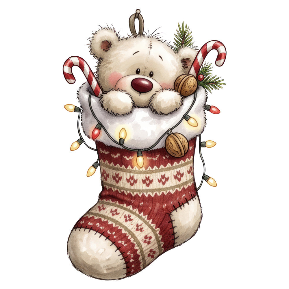 christmas, holiday, festive, winter, bear, teddy bear, cute, whimsical, playful, child-friendly, red and cream, burgundy, ivory, warm neutrals, candy cane, ornaments, christmas lights, evergreen, pine branches, sweater pattern, knit pattern, geometric, traditional, nostalgic, vintage charm, stocking, christmas stocking, decorative panel, wall hanging, nursery