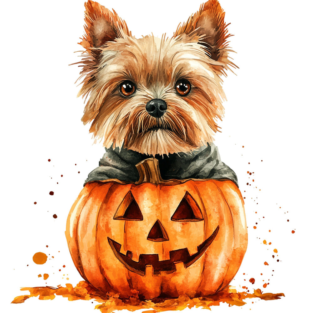 autumn, fall, halloween, pumpkin, jack-o-lantern, dog, terrier, shih tzu, orange, burnt orange, cream, tan, beige, charcoal gray, whimsical, cute, playful, festive, holiday, seasonal, animal, pet, spooky, cheerful, children's, kids, baby, scarf, costume, decorative
