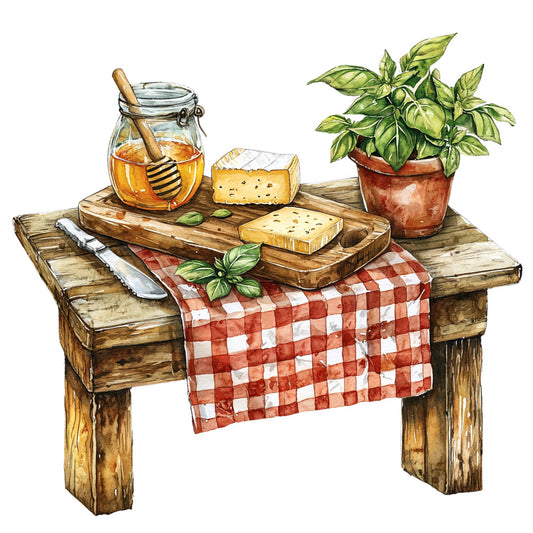 rustic wooden table, red gingham tablecloth, honey jar, wooden honey dipper, cheese wedges, cutting board, kitchen knife, basil plant, terracotta pot, green leaves, watercolor illustration, country kitchen scene, amber honey, wooden texture, checkered pattern, farm fresh, cottage style, fabric panel, quilting cotton, kitchen theme