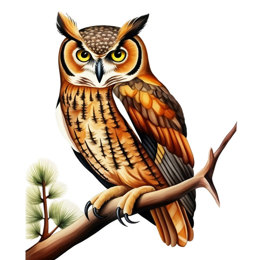 owl, watercolor, orange, brown, yellow, amber, cream, white, black, feathers, branch, pine needles, bird, nature, wildlife, fabric panel, quilting, realistic art, detailed illustration, warm tones, forest scene, perched owl, golden eyes, ear tufts