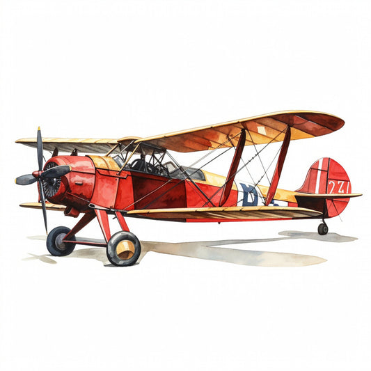 vintage airplane, red biplane, aviation, retro aircraft, steampunk, transportation, antique plane, cream, tan, gold, burgundy, deep red, nostalgia, 1920s, 1930s, whimsical, adventurous, travel theme, sky themed, historical, collectible, conversation print, statement print, home decor, wall hanging, quilt panel, boys room, man cave, aviation enthusiast