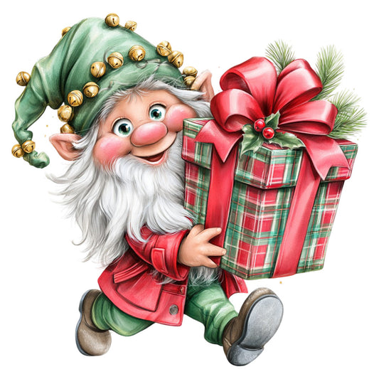 christmas, holiday, festive, elf, gnome, whimsical, red, green, forest green, red plaid, tartan, jolly, vintage, traditional, nostalgic, gift box, present, ribbon, gold bells, pine needles, cheerful, magical, storybook, character panel, seasonal, winter, decorative, festive cheer, playful