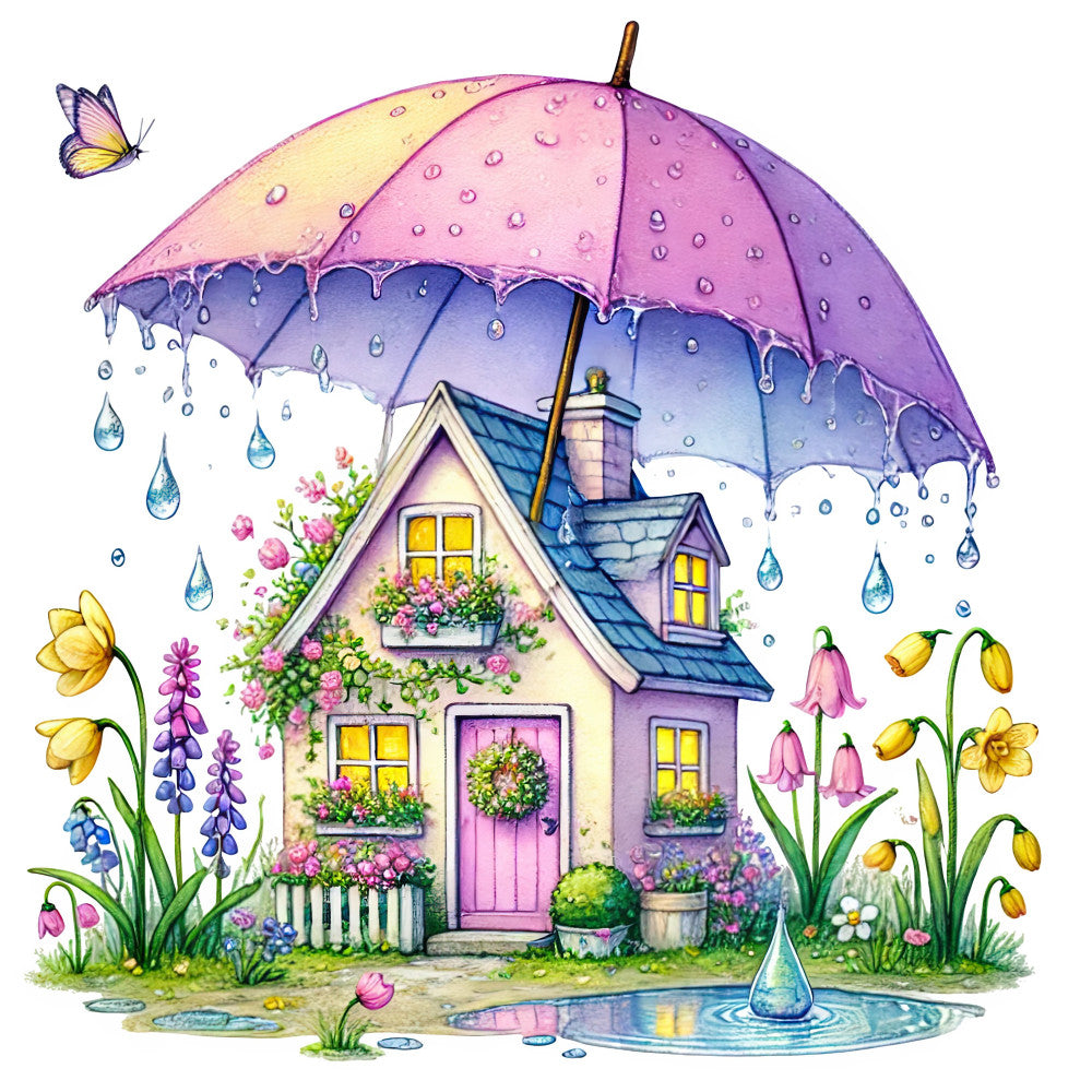 whimsical cottage, pastel pink, lavender purple, soft yellow, sky blue, floral, raindrop, umbrella, spring flowers, daffodils, tulips, lupine, bell flowers, butterfly, cottage core, fairy tale, storybook, garden, rainy day, nature, spring, whimsical style, magical, dreamy, children's illustration, vintage inspired, sweet, charming, decorative panel