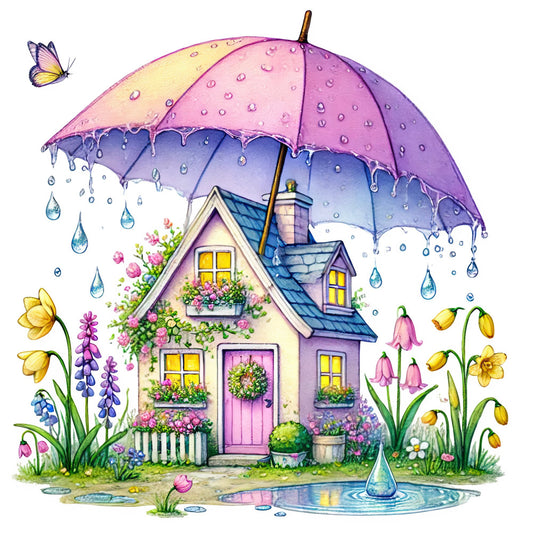 whimsical cottage, pastel pink, lavender purple, soft yellow, sky blue, floral, raindrop, umbrella, spring flowers, daffodils, tulips, lupine, bell flowers, butterfly, cottage core, fairy tale, storybook, garden, rainy day, nature, spring, whimsical style, magical, dreamy, children's illustration, vintage inspired, sweet, charming, decorative panel